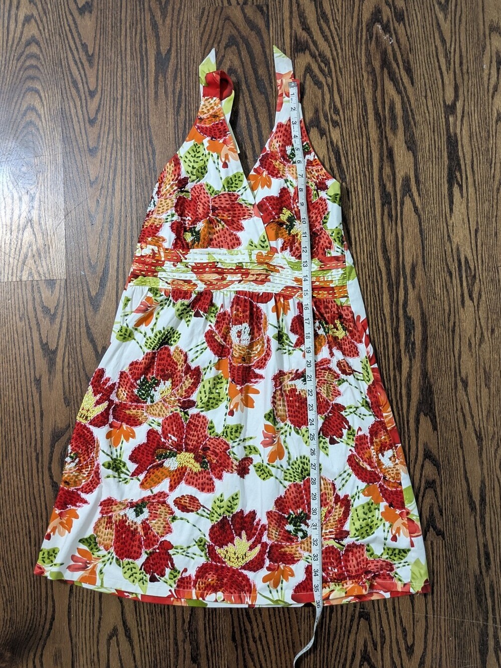 🍊 Vibrant Tropical Floral Halter Mini Summer Sundress w Beaded Embroidery